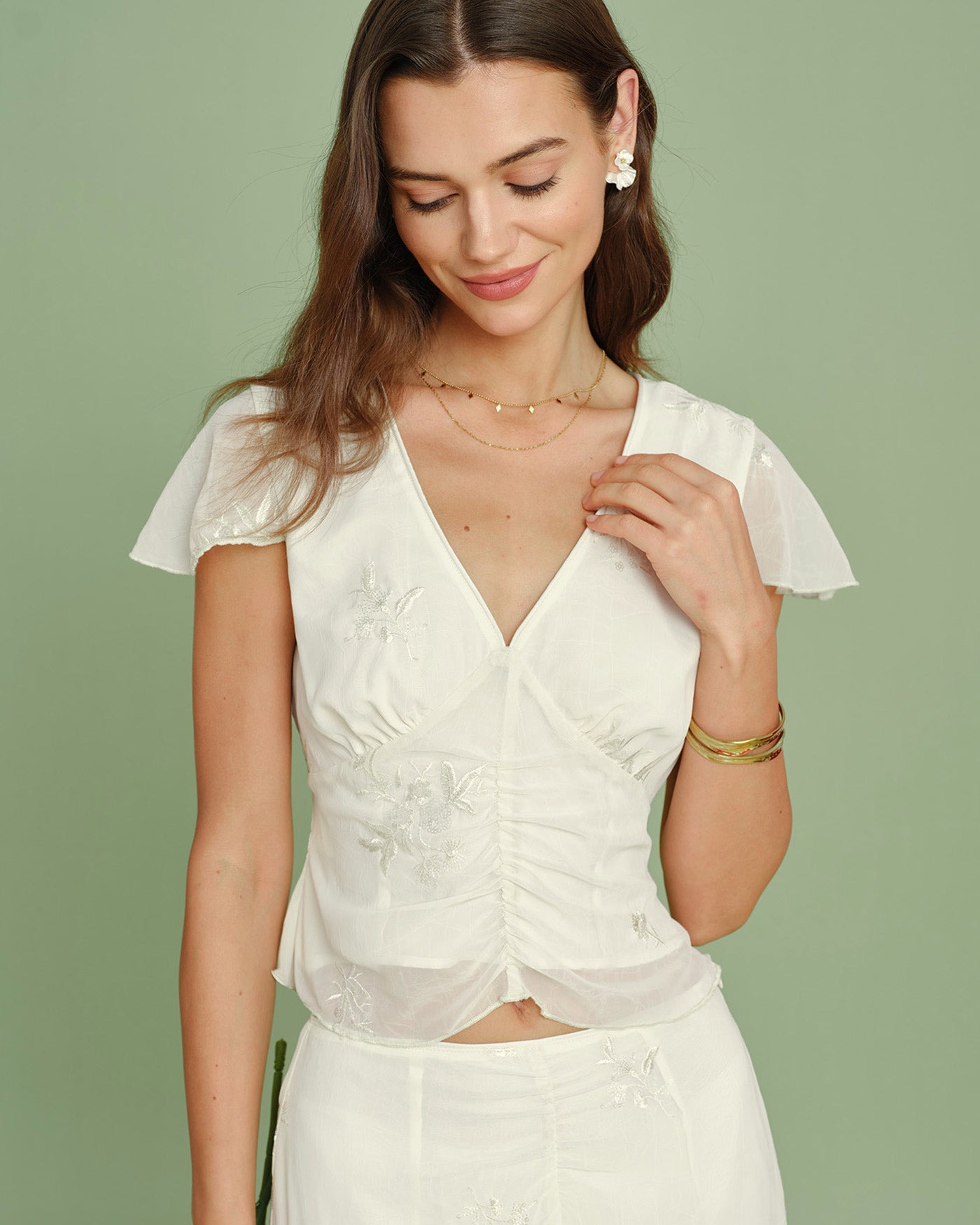 Apricot V Neck Embroidery Tee