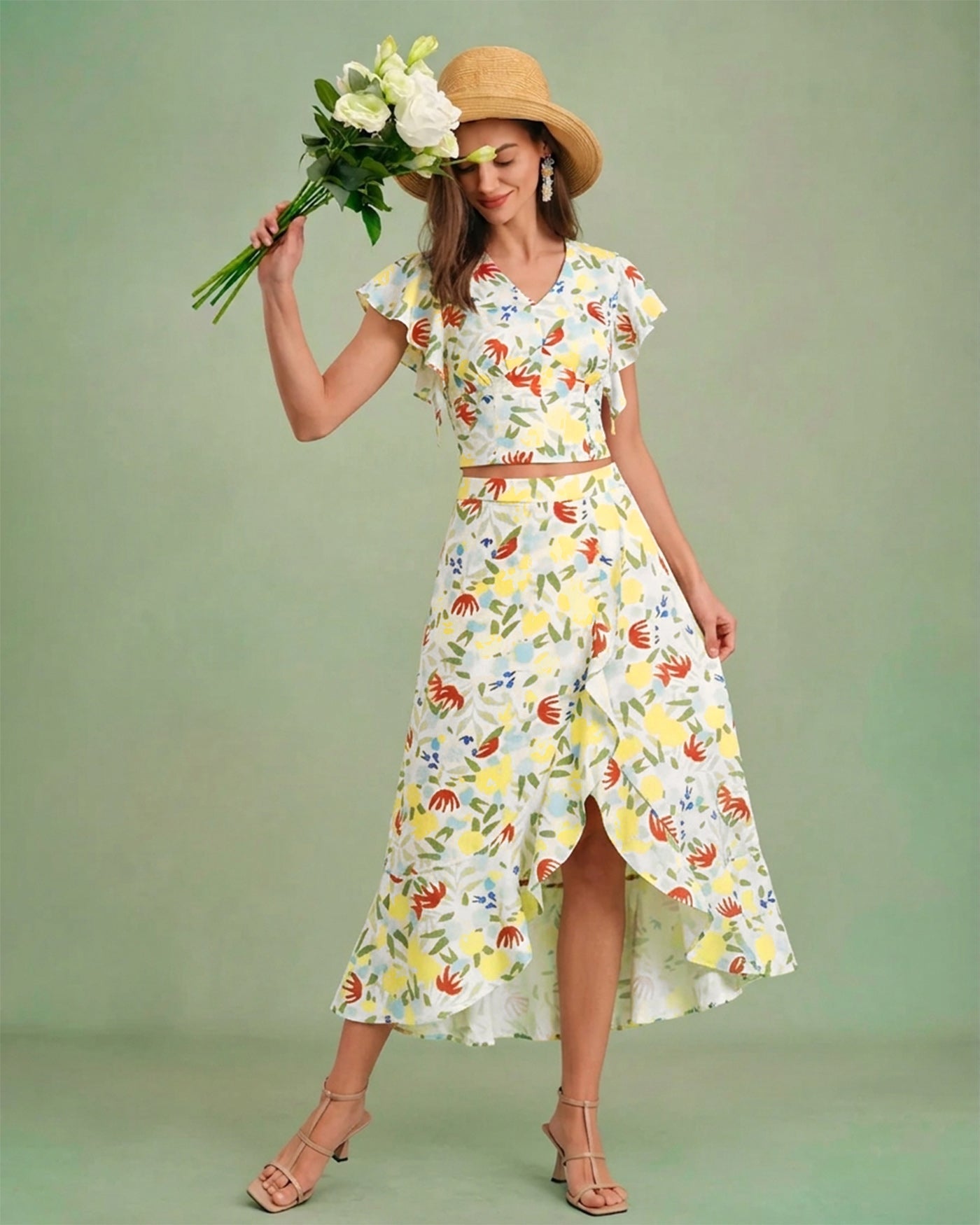 Floral V Neck Ruffle Tee