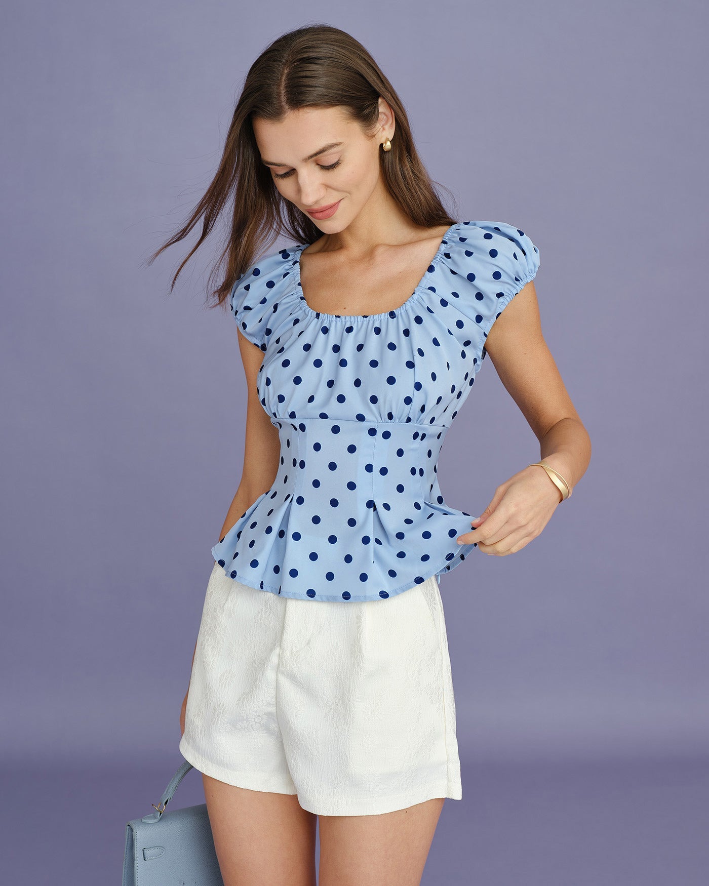 Blue U Neck Polka Dot Tee