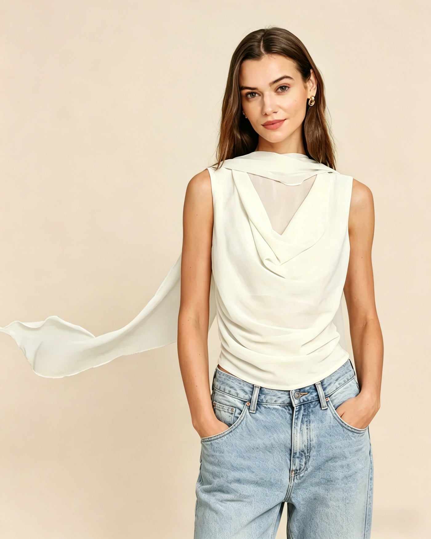 Apricot Round Neck Ruched Tee