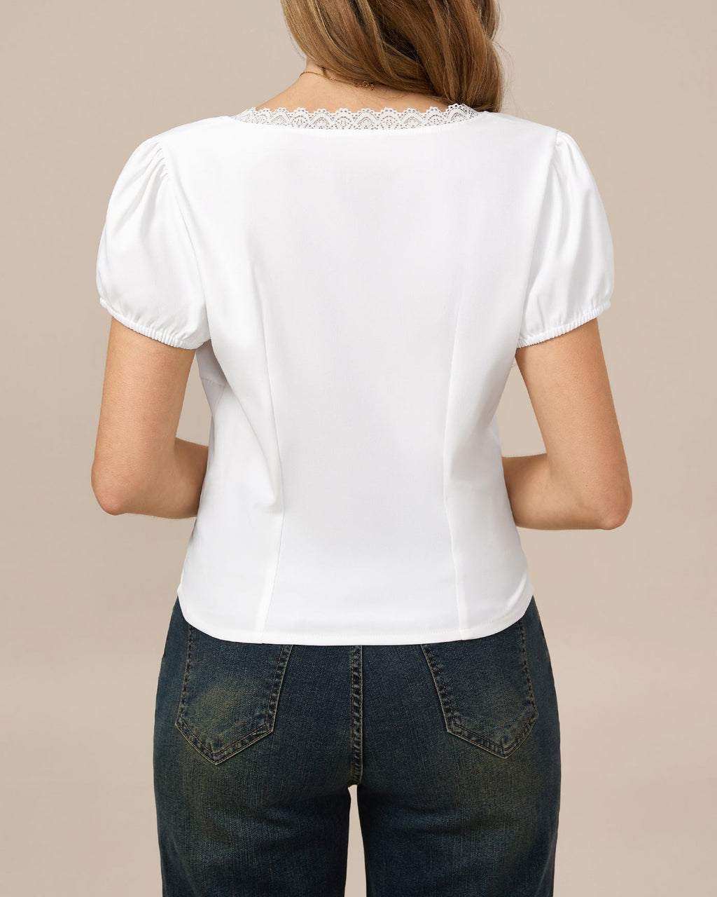 White V Neck Lace Splicing Tee