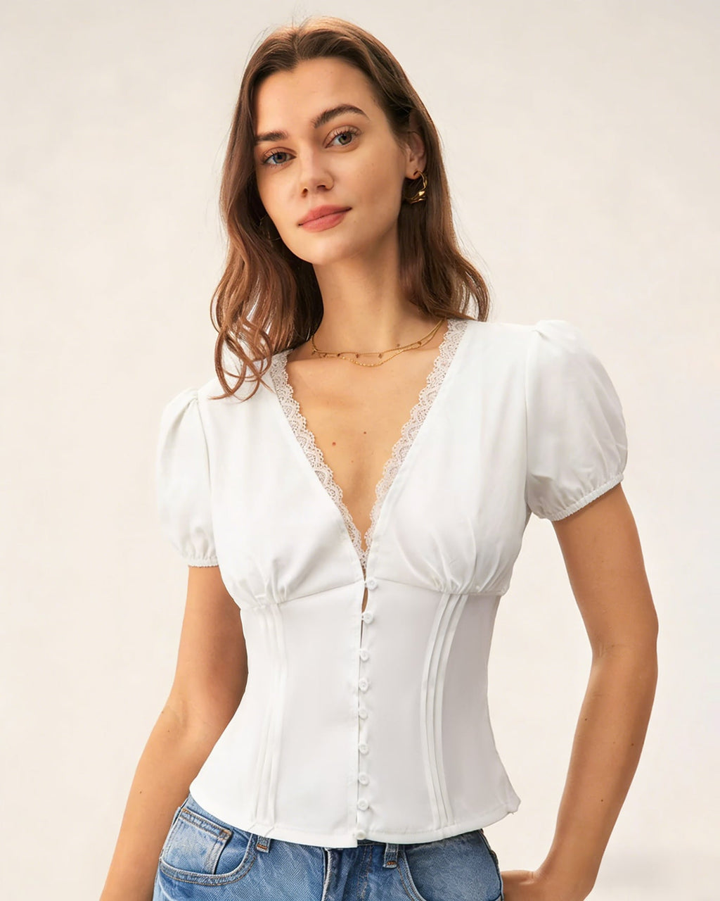 White V Neck Lace Splicing Tee