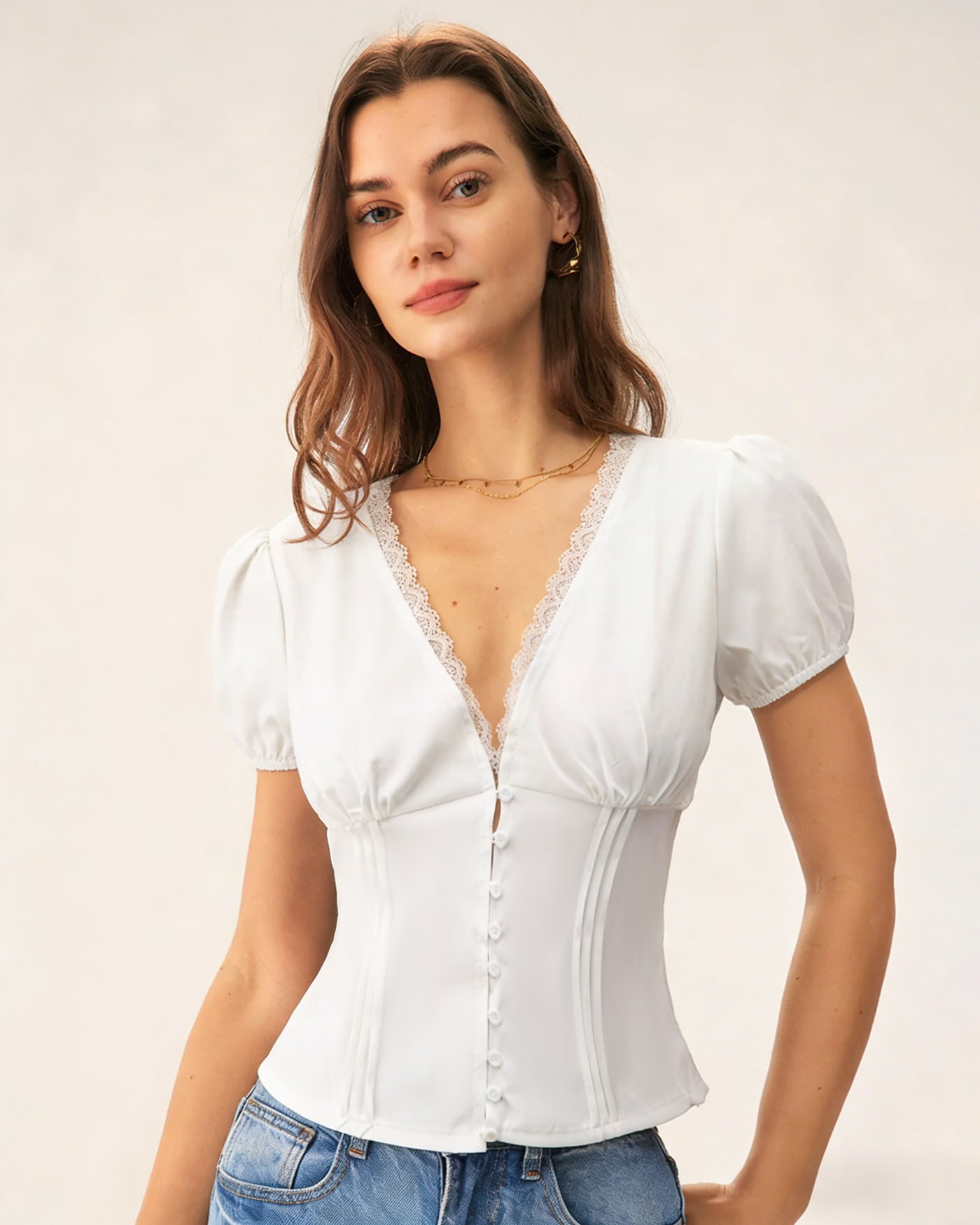 White V Neck Lace Splicing Tee