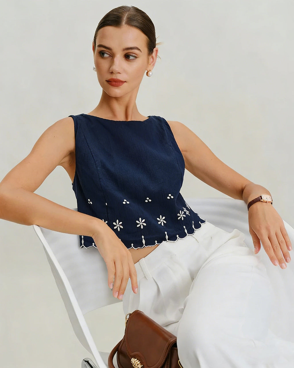 Blue Embroidery Contrasting Tank Top
