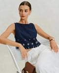 Blue Embroidery Contrasting Tank Top
