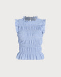 Blue Plaid Shirred Button Tank