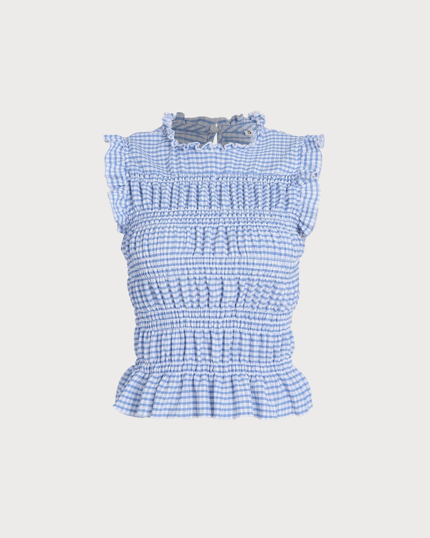 Blue Plaid Shirred Button Tank