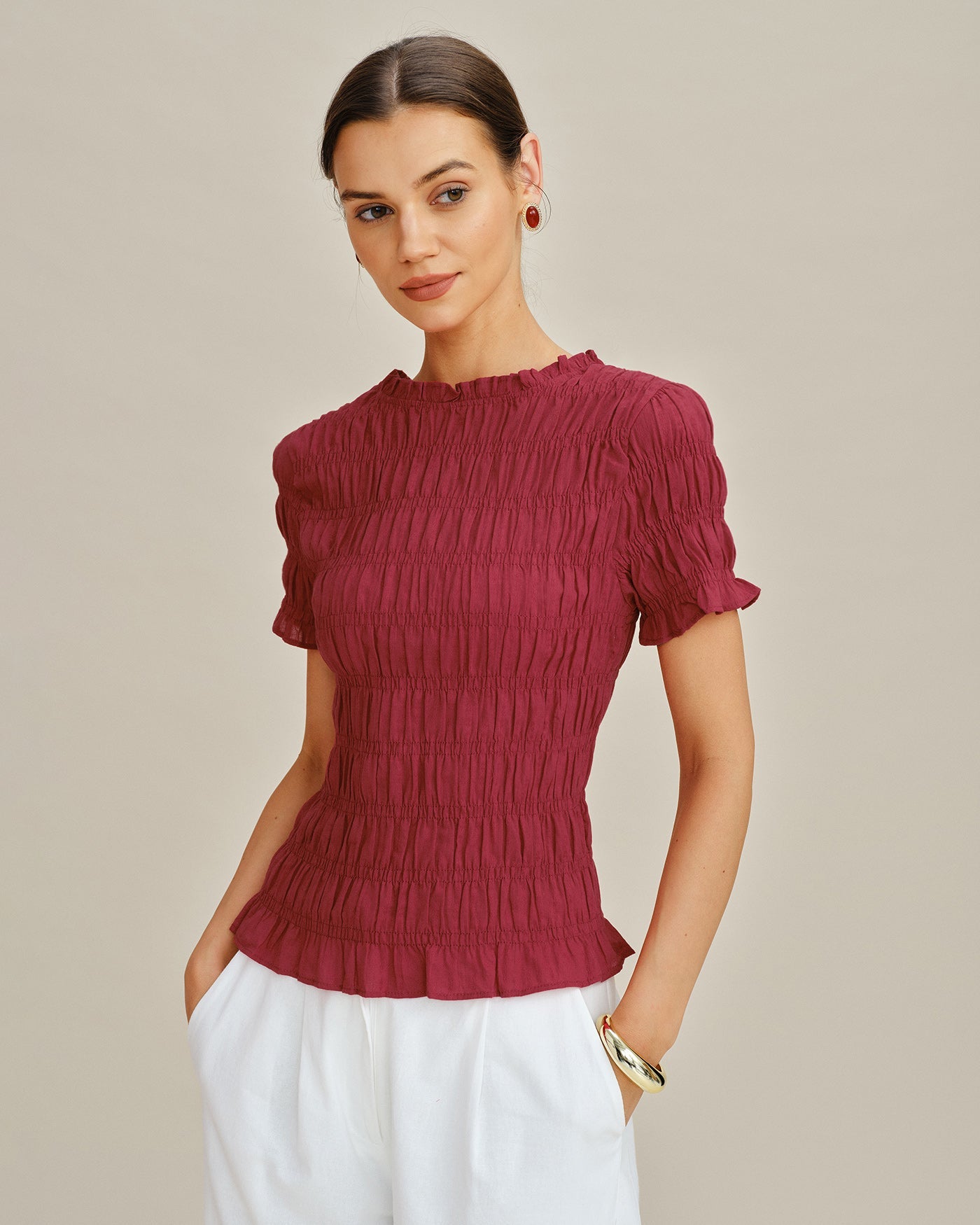 Red Cowl Neck Shirred Tee
