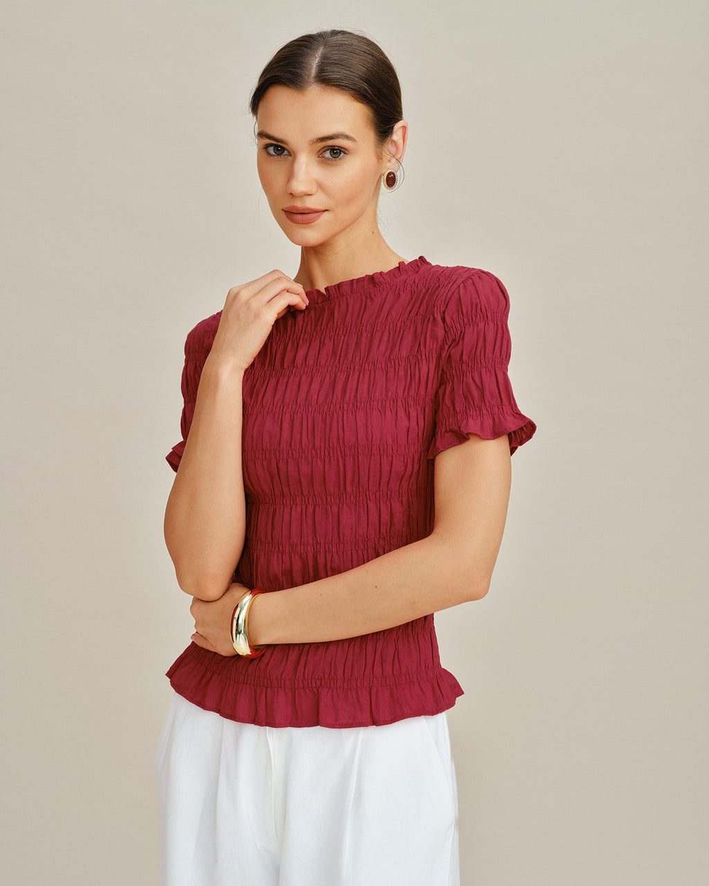 Red Cowl Neck Shirred Tee