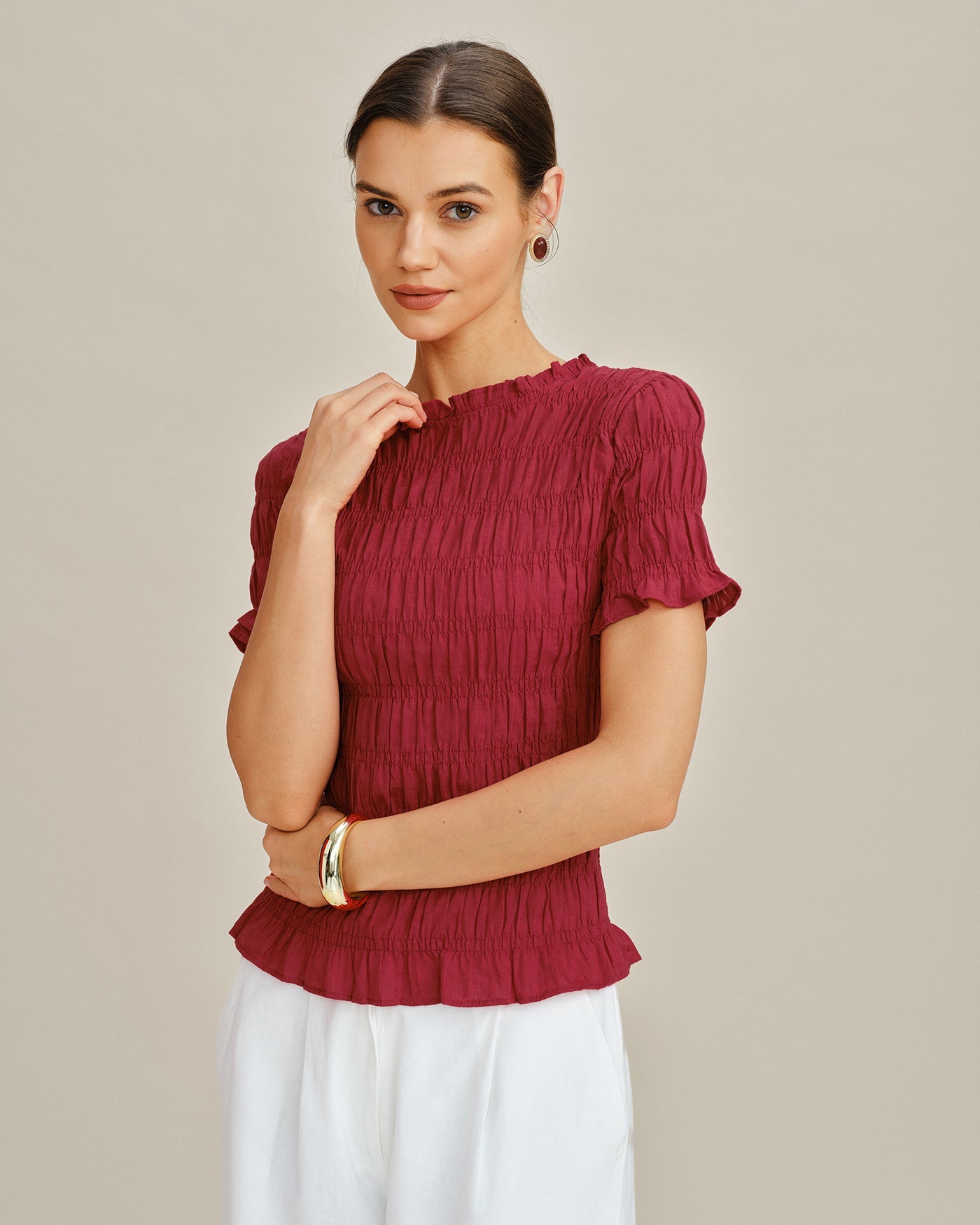 Red Cowl Neck Shirred Tee