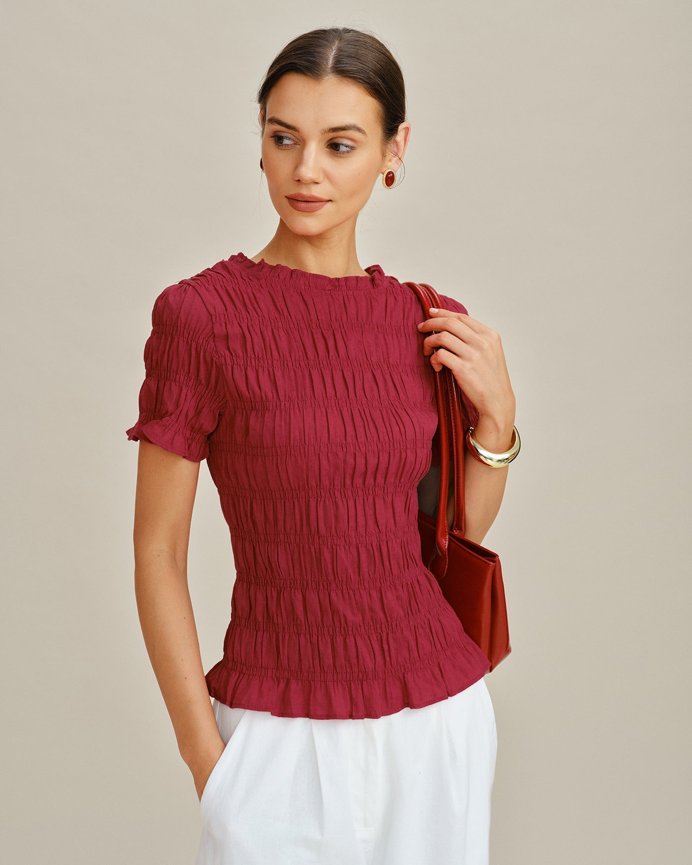 Red Cowl Neck Shirred Tee