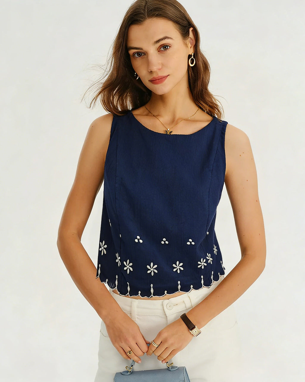 Blue Embroidery Contrasting Tank Top