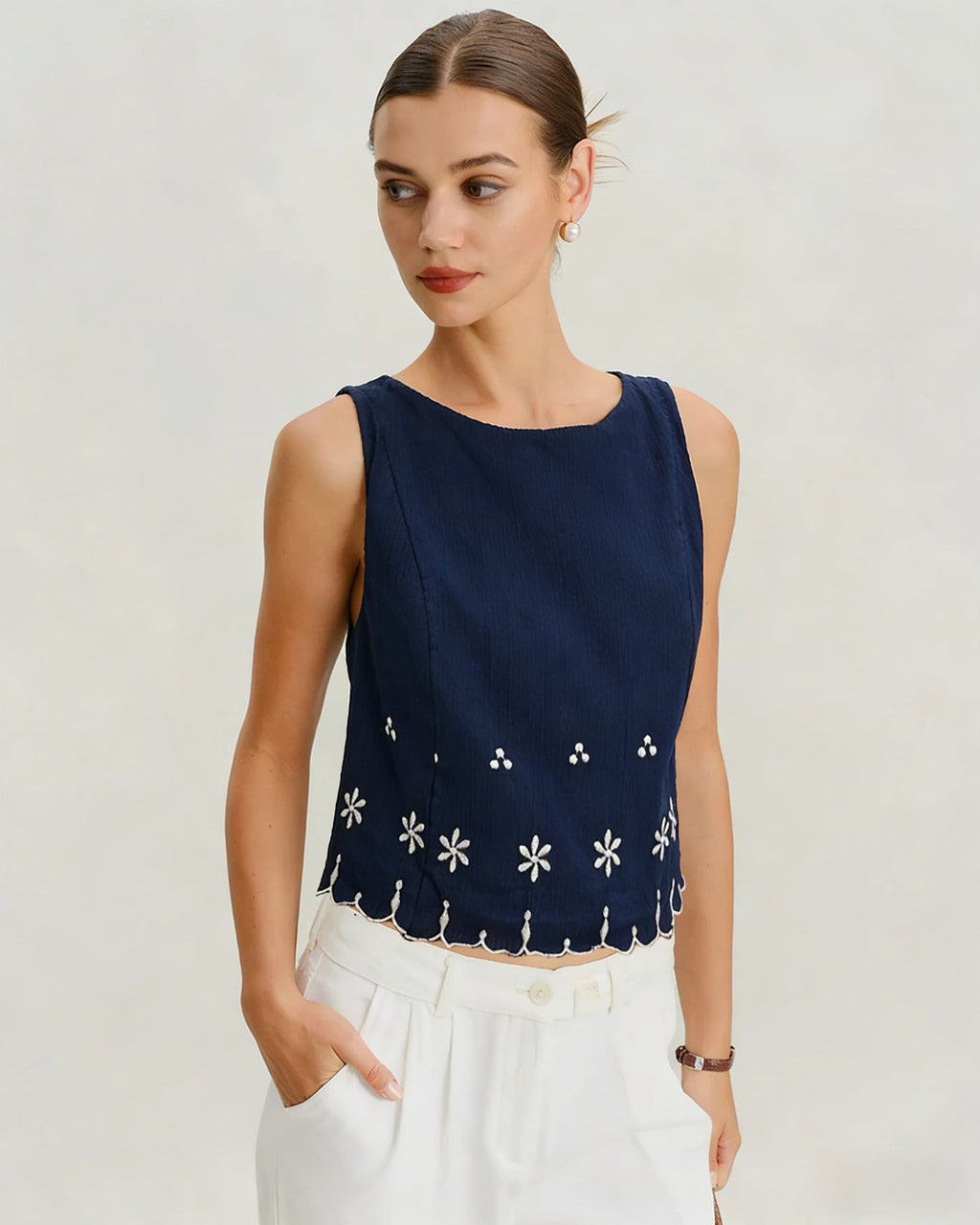 Blue Embroidery Contrasting Tank Top
