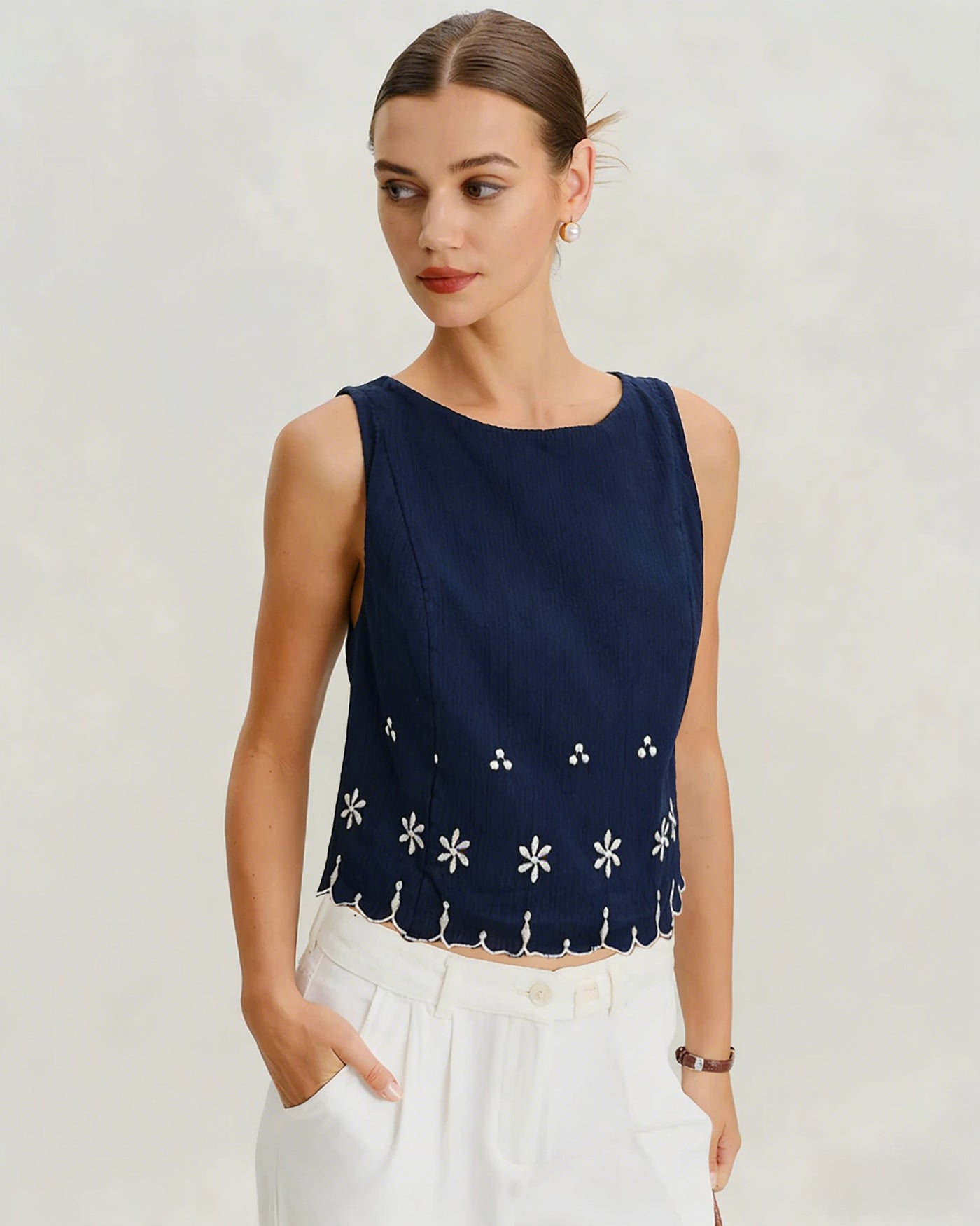 Blue Embroidery Contrasting Tank Top