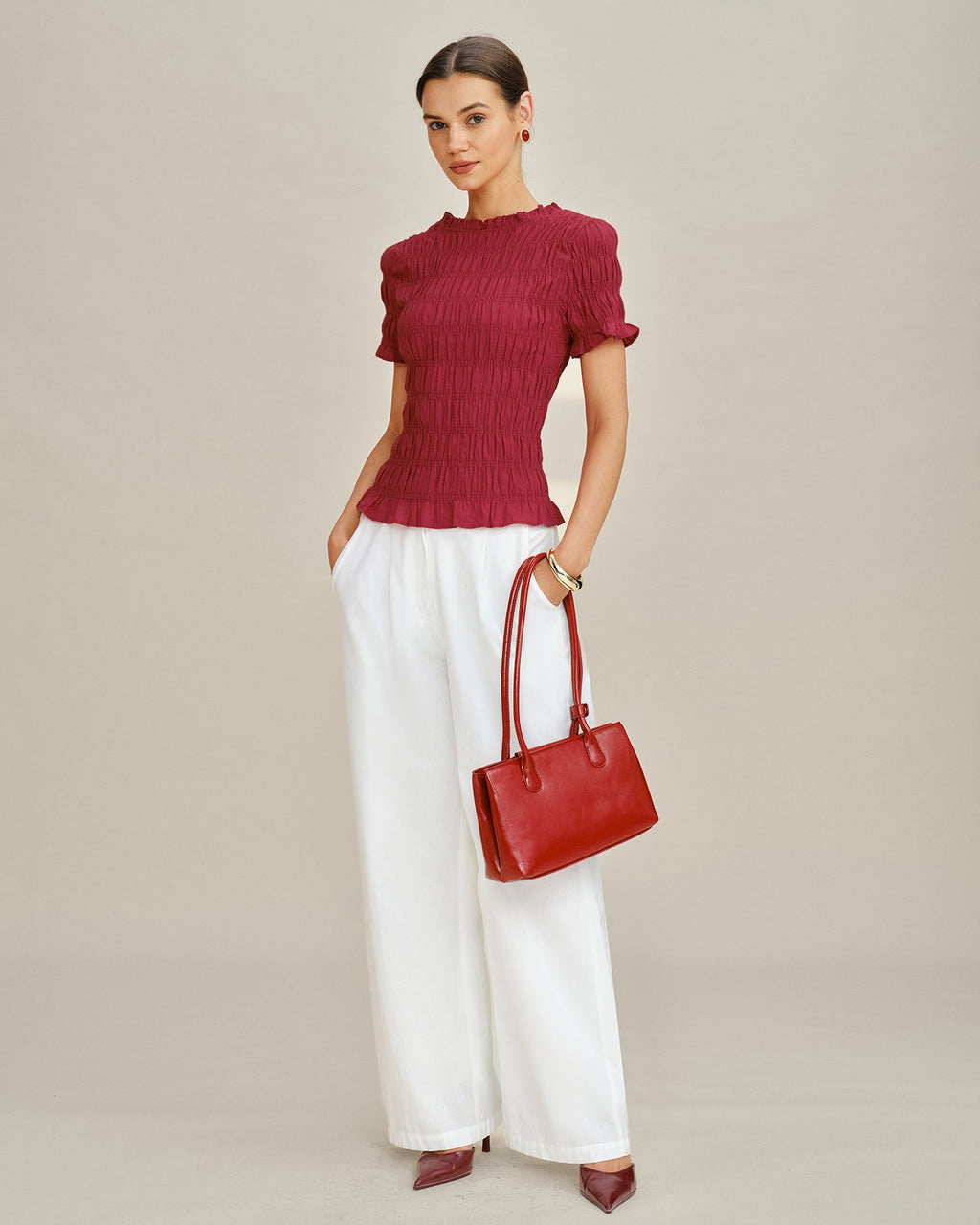 Red Cowl Neck Shirred Tee