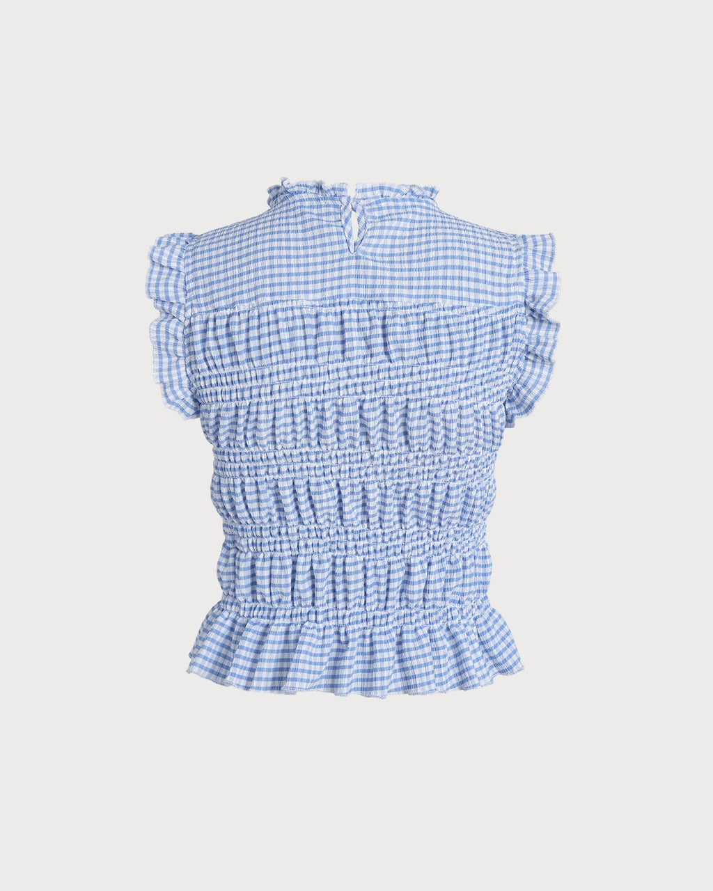 Blue Plaid Shirred Button Tank
