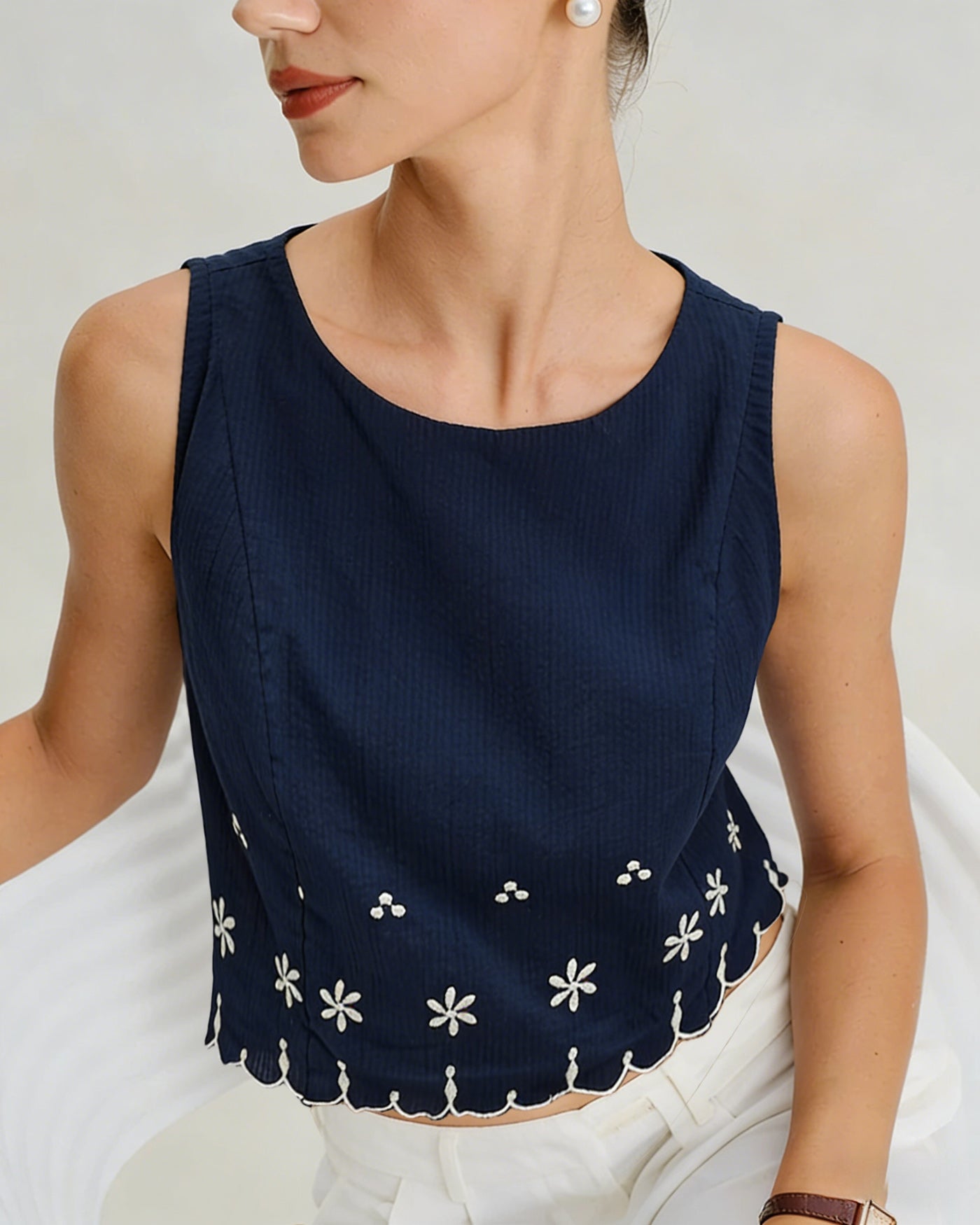 Blue Embroidery Contrasting Tank Top