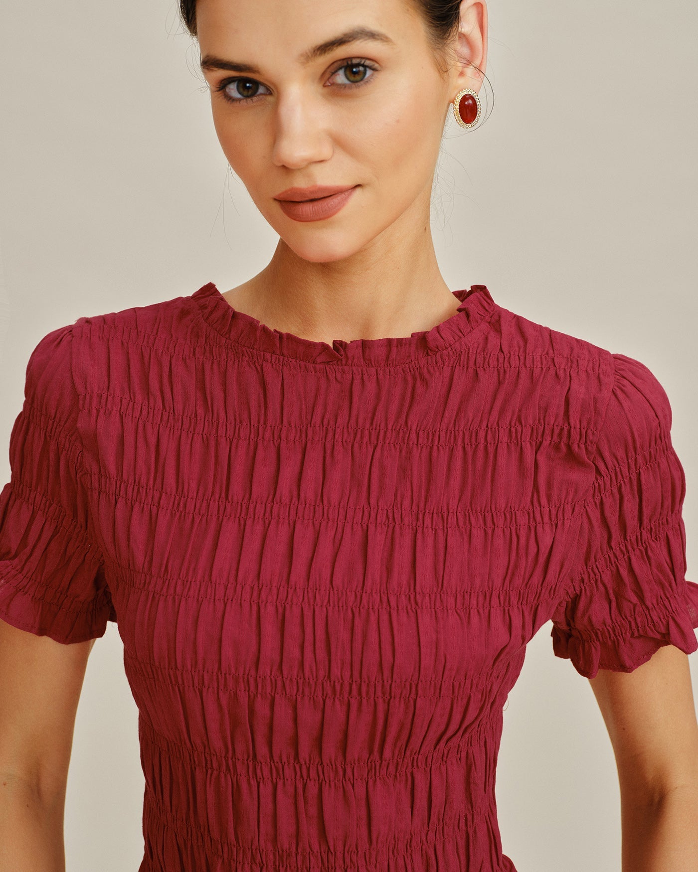 Red Cowl Neck Shirred Tee