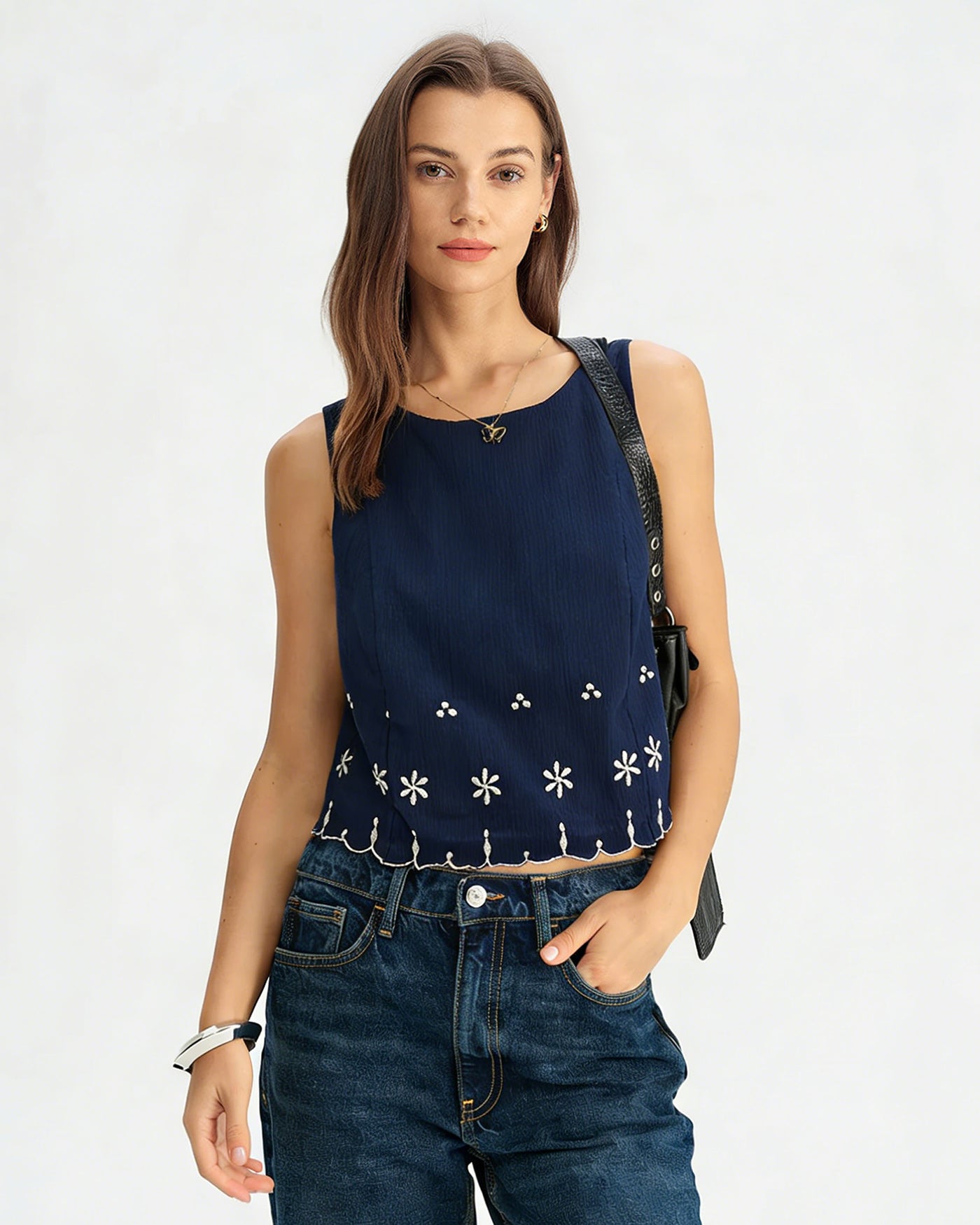 Blue Embroidery Contrasting Tank Top