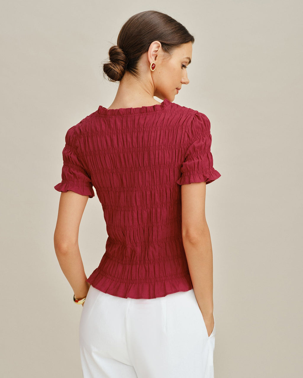 Red Cowl Neck Shirred Tee