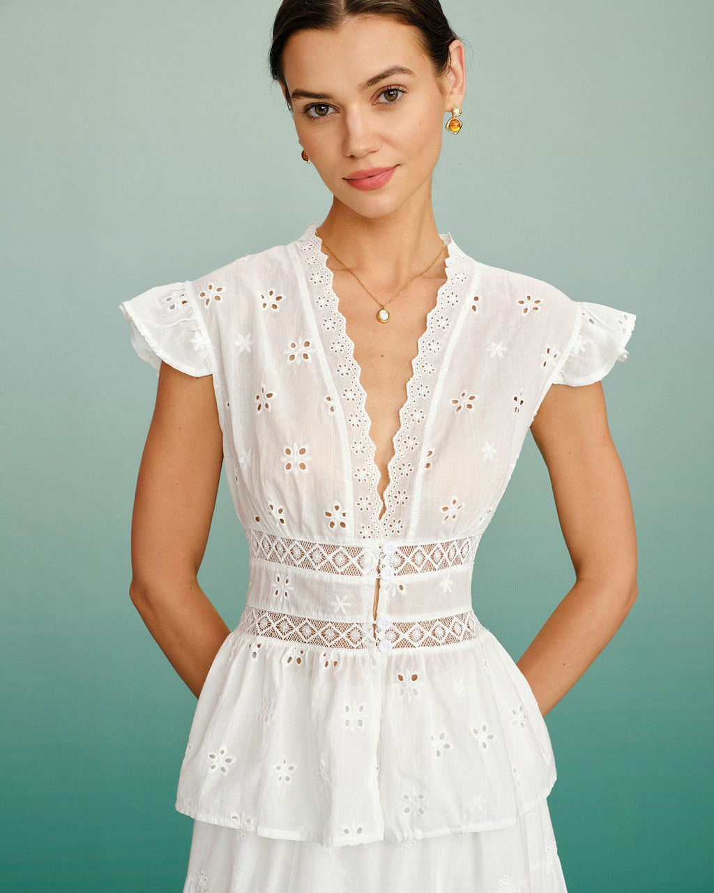 White V Neck Cut Out Tee