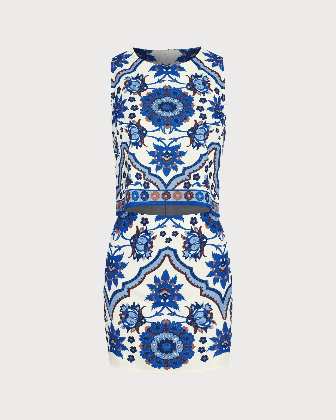 Blue Floral Two-Piece Skirt Set