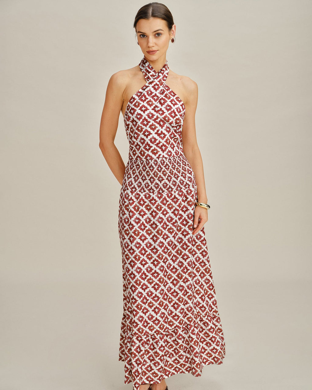 Red Halter Shirred Two-Piece Skirt Set