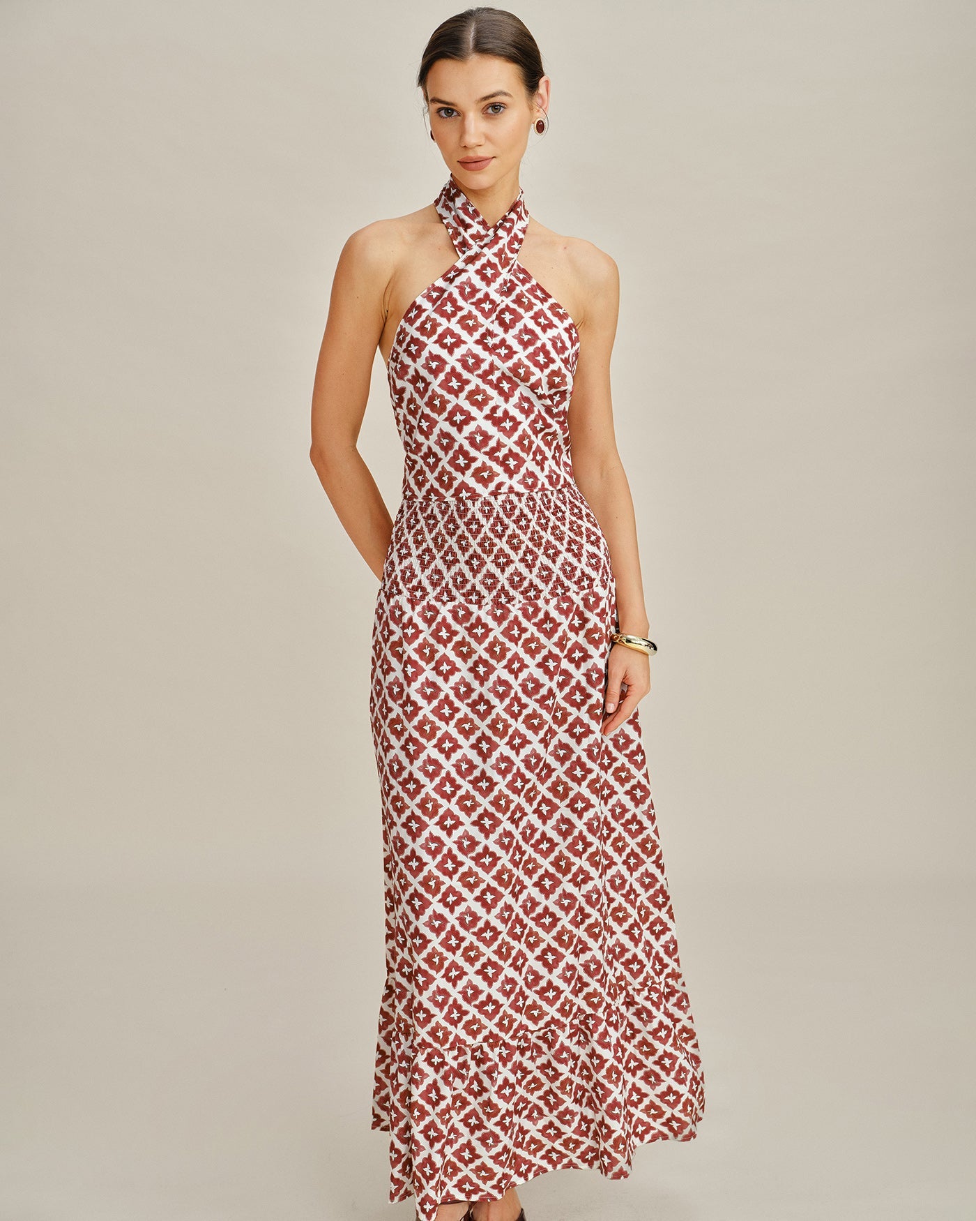 Red Halter Shirred Two-Piece Skirt Set