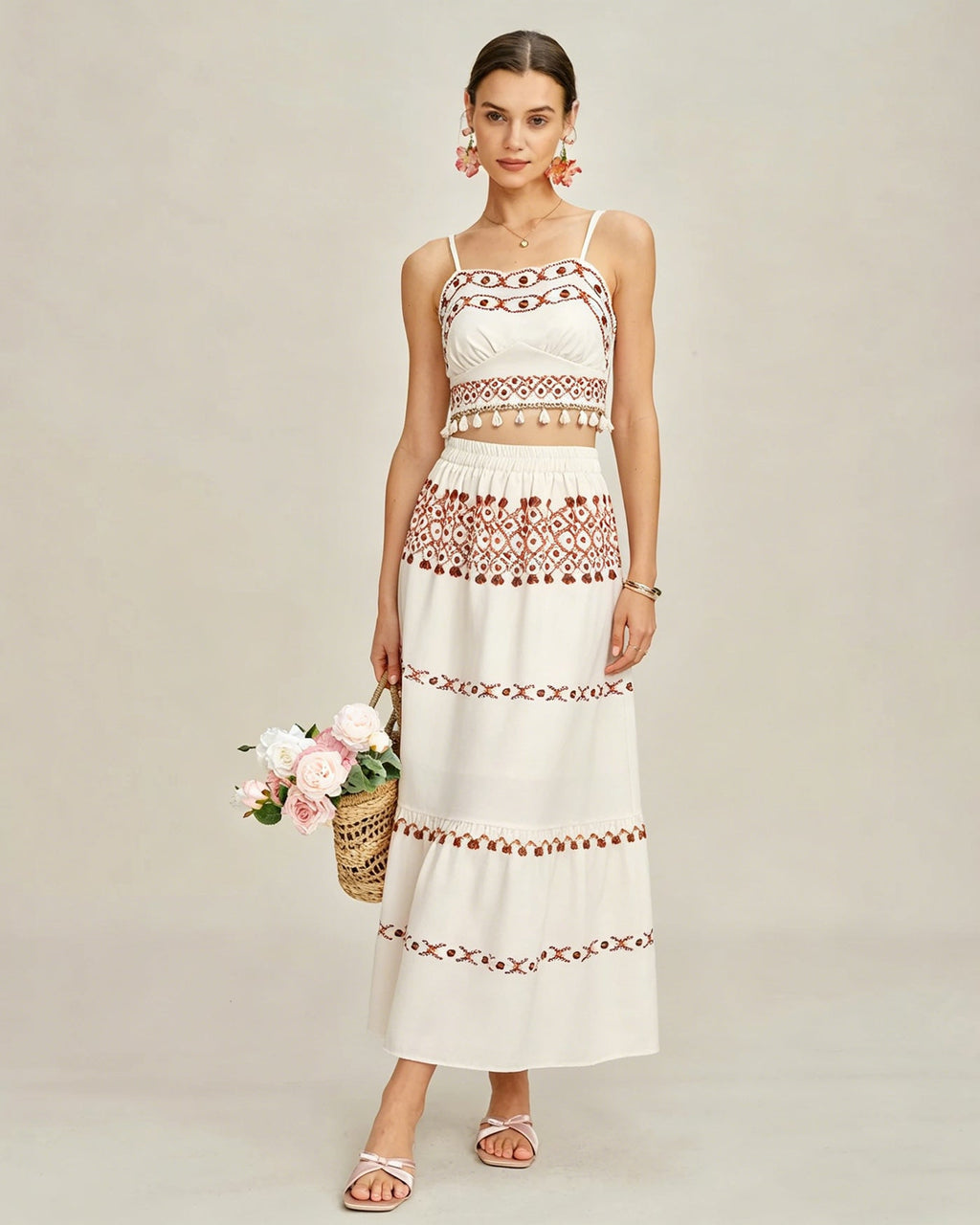 Apricot Elastic Waist Two-Piece Skirt Set