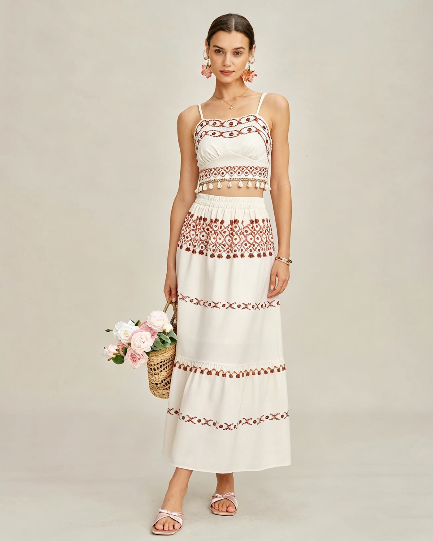 Apricot Elastic Waist Two-Piece Skirt Set