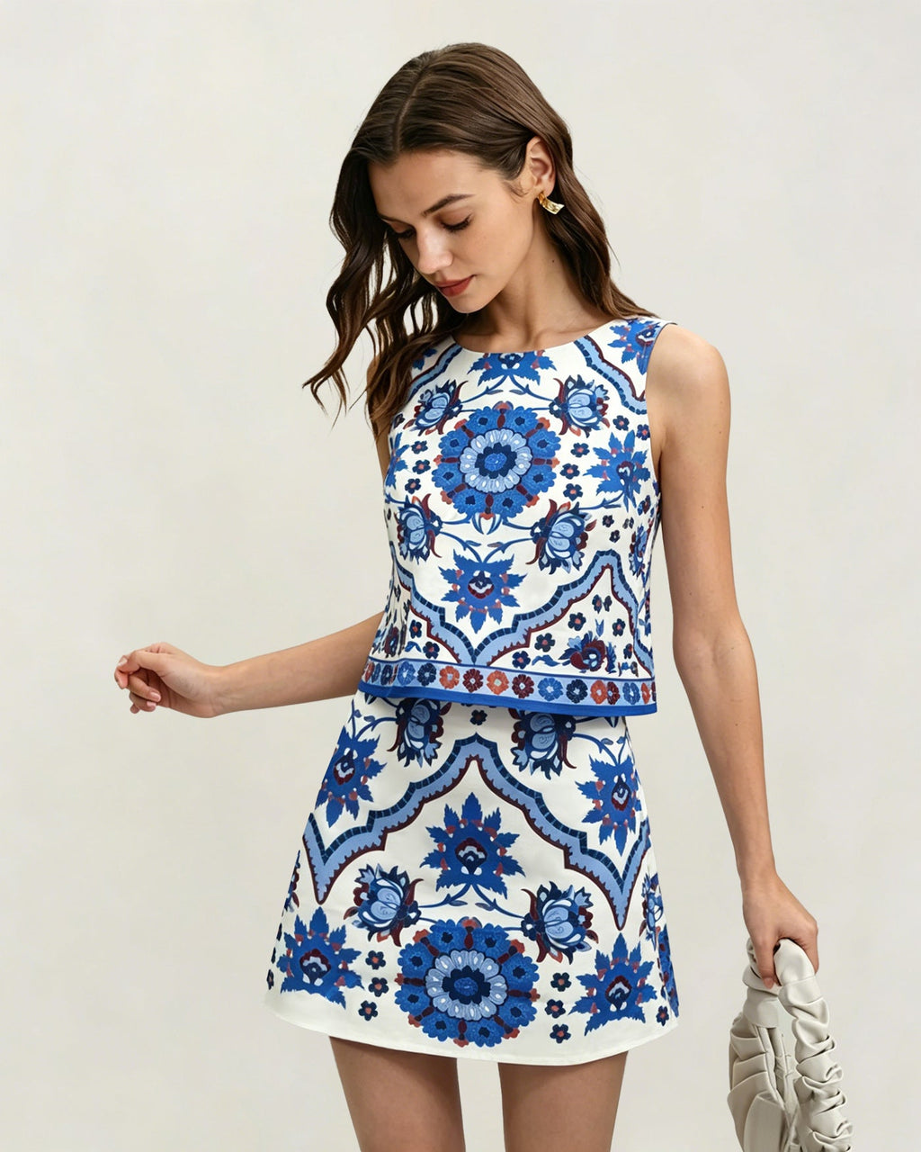 Blue Floral Two-Piece Skirt Set