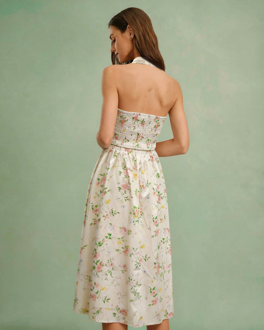 Apricot Floral Halter Two-Piece Skirt Set