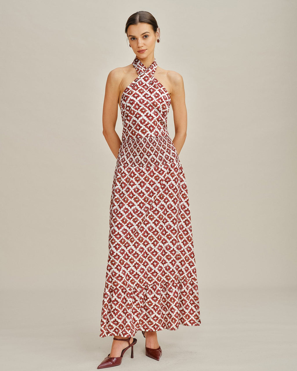 Red Halter Shirred Two-Piece Skirt Set
