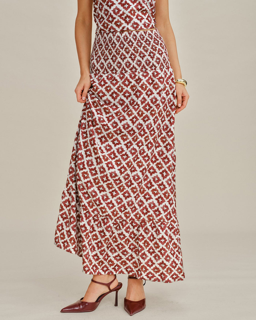 Red Halter Shirred Two-Piece Skirt Set