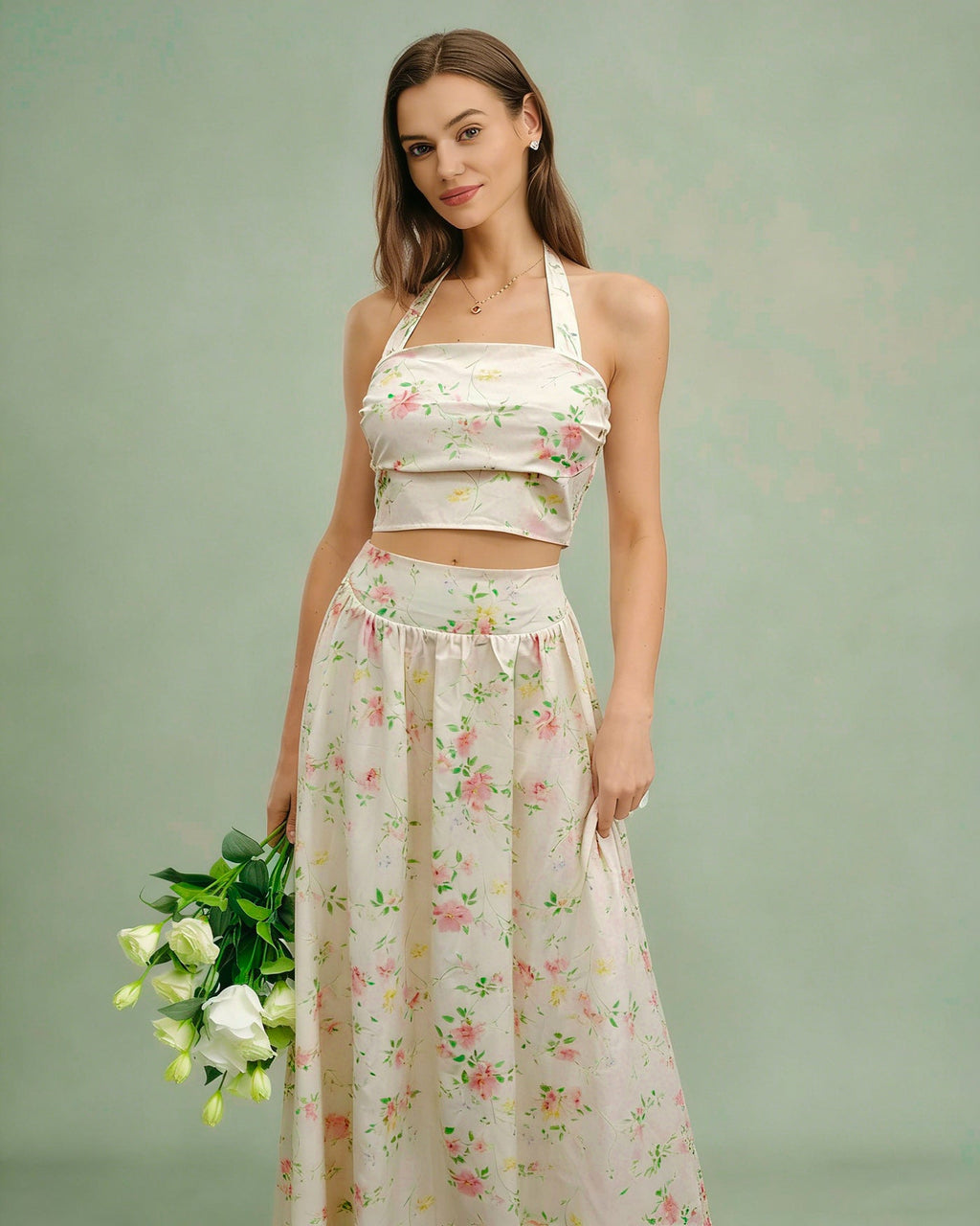 Apricot Floral Halter Two-Piece Skirt Set