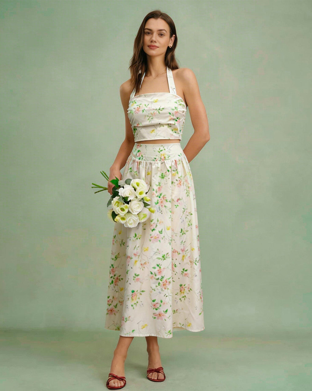 Apricot Floral Halter Two-Piece Skirt Set