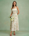 Apricot Floral Halter Two-Piece Skirt Set
