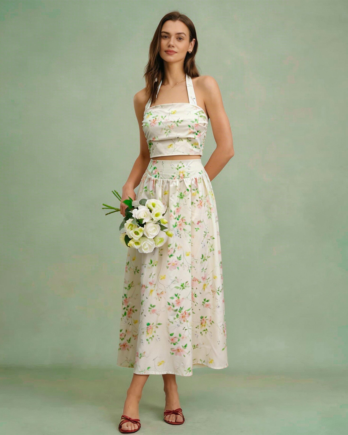 Apricot Floral Halter Two-Piece Skirt Set