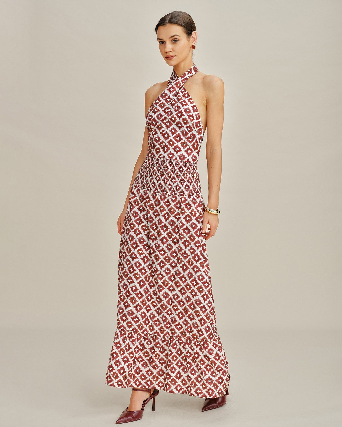 Red Halter Shirred Two-Piece Skirt Set