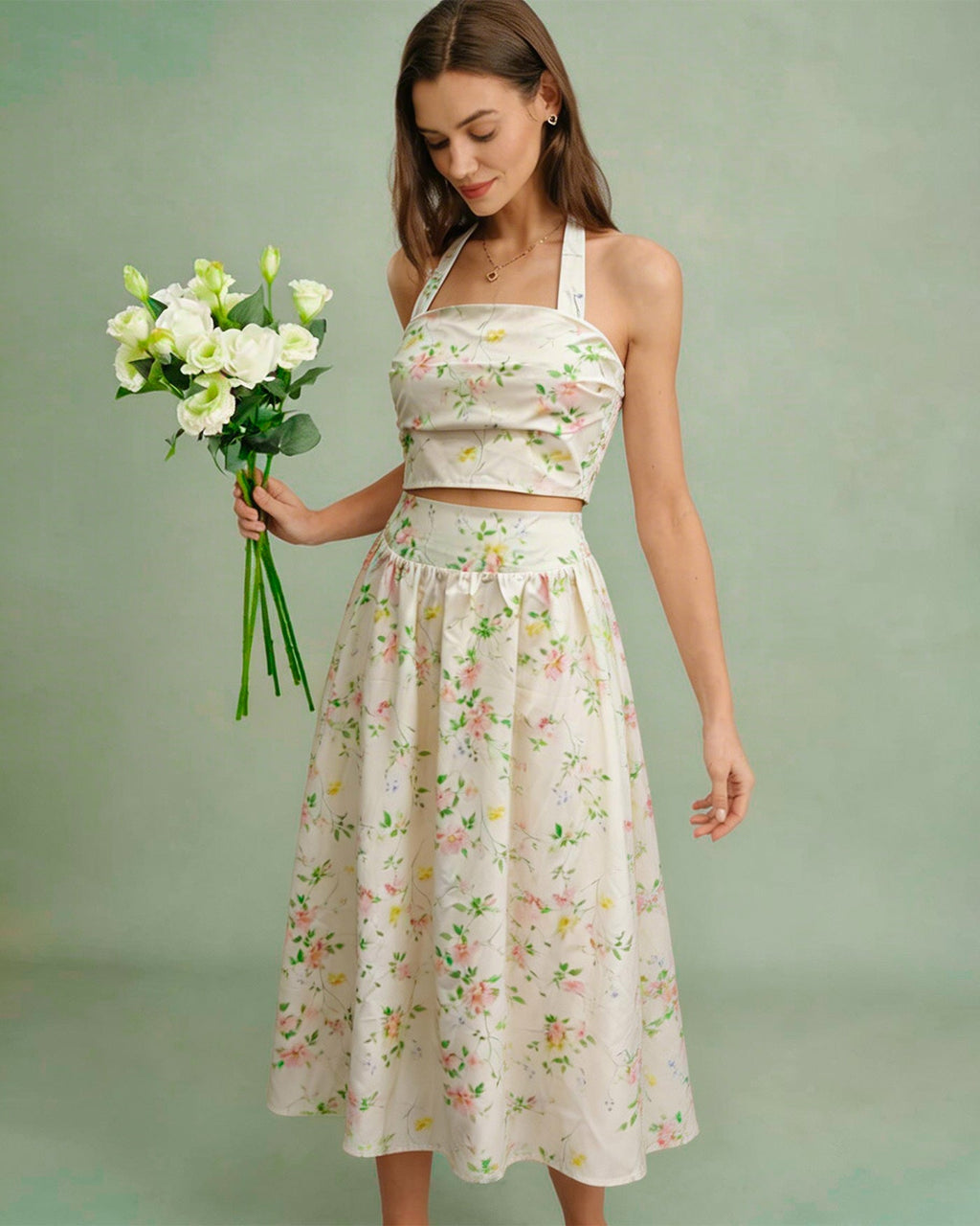Apricot Floral Halter Two-Piece Skirt Set