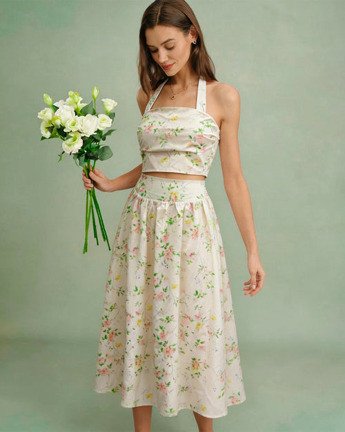 Apricot Floral Halter Two-Piece Skirt Set