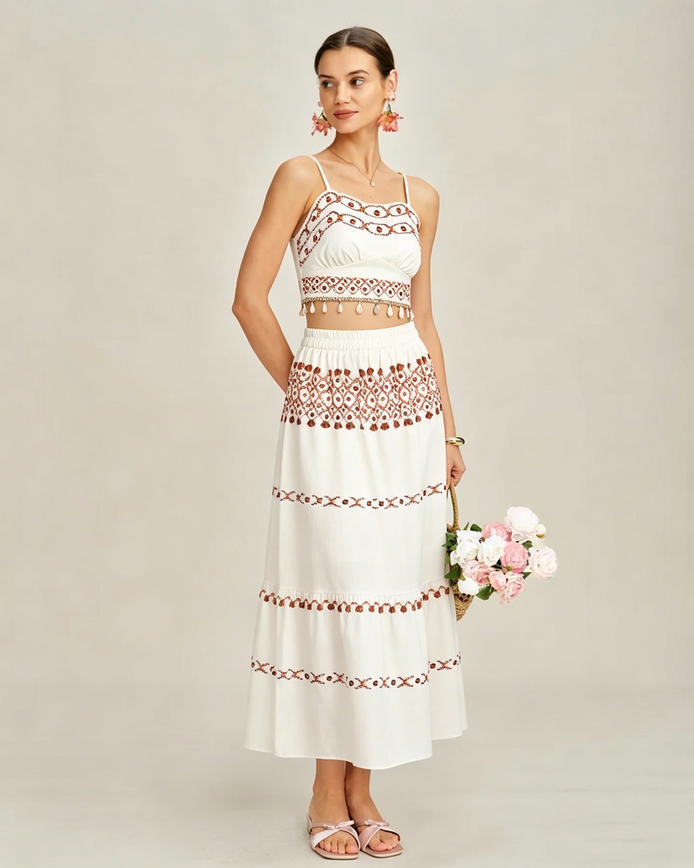 Apricot Elastic Waist Two-Piece Skirt Set