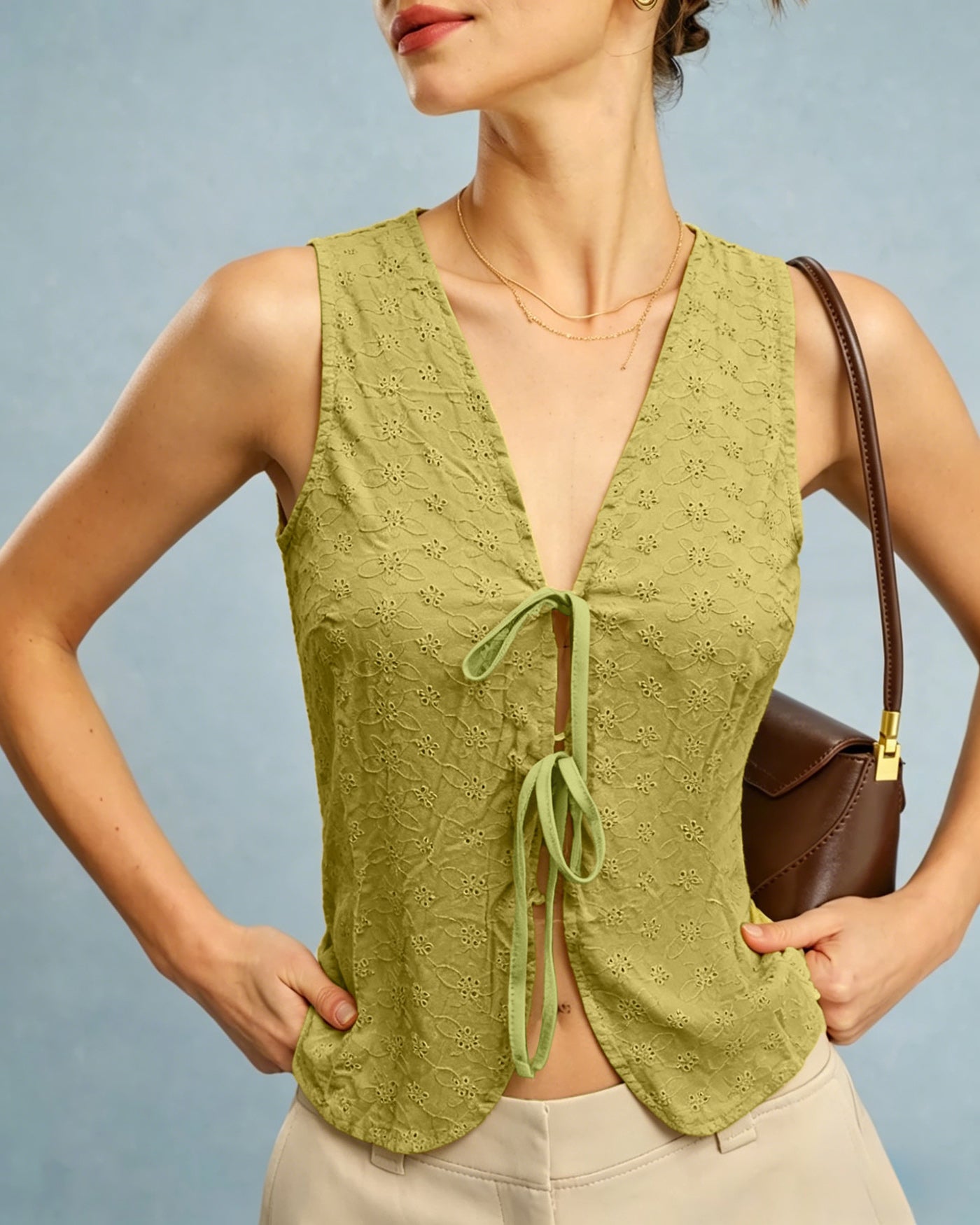 Green V Neck Floral Textured Vest
