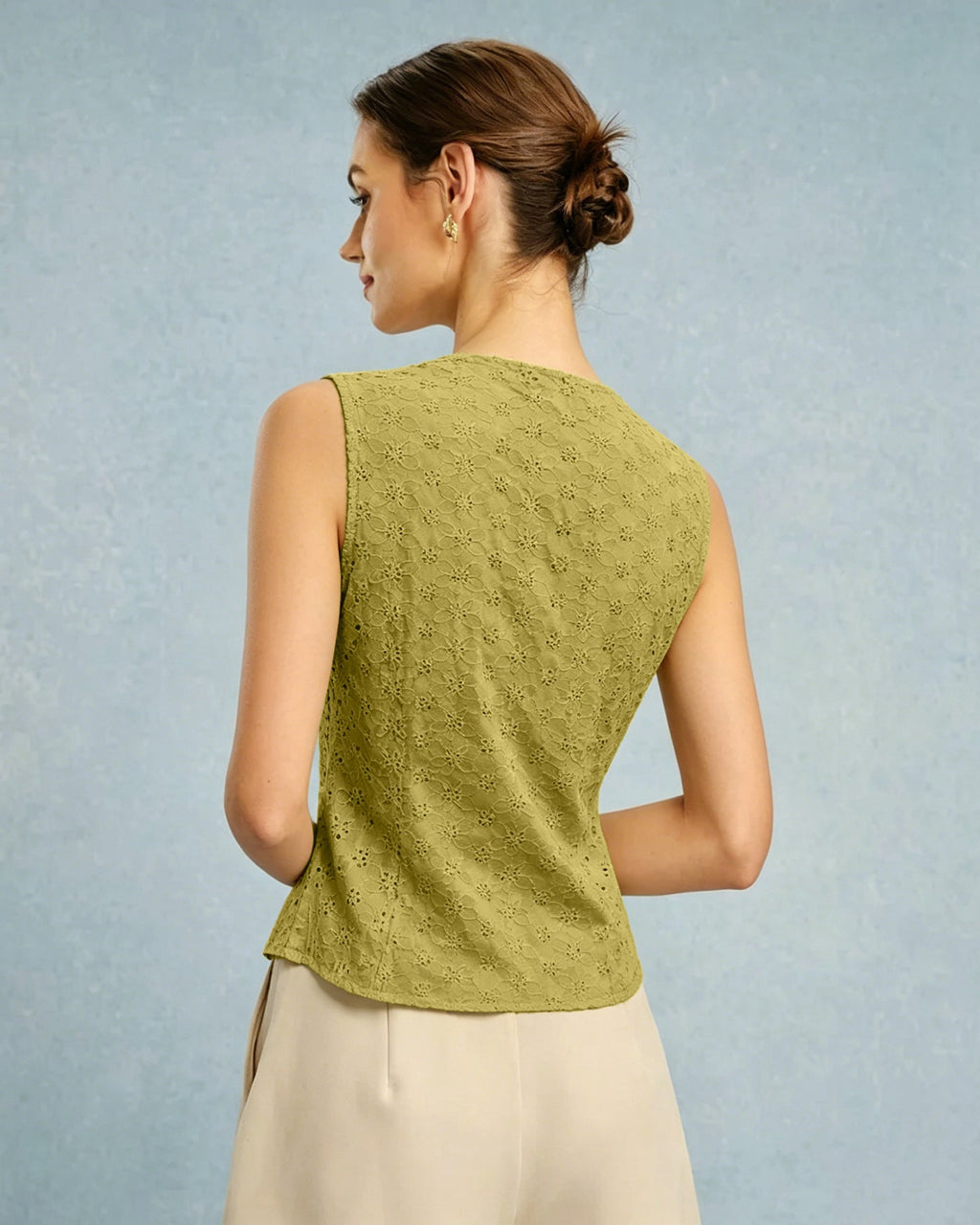 Green V Neck Floral Textured Vest