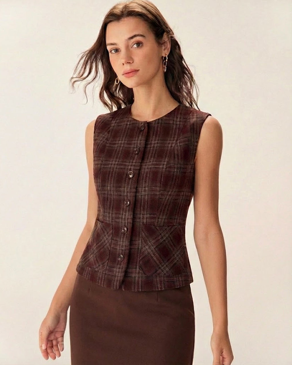 Wine Red Plaid Single Breasted Vest