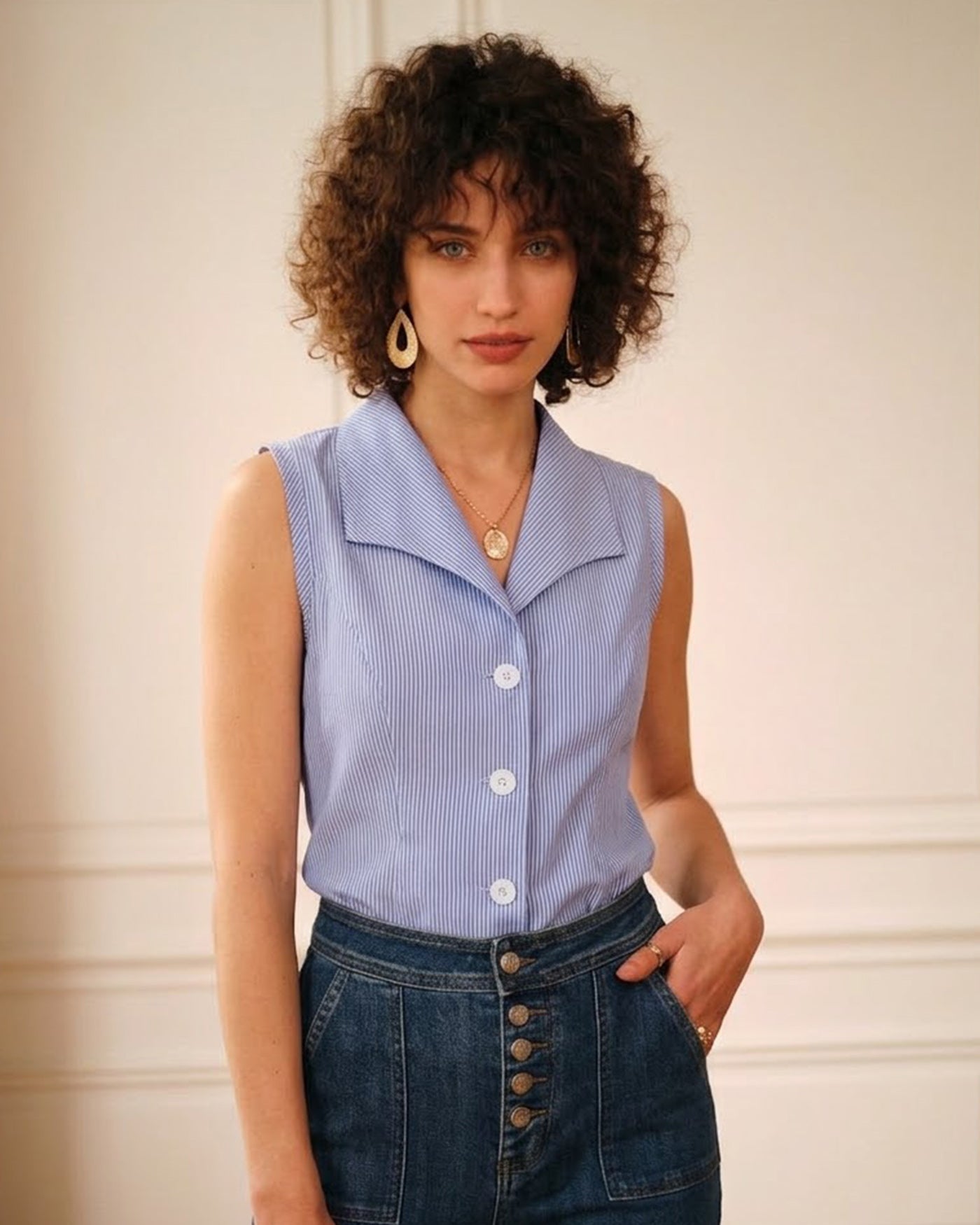 Blue Single Breasted Collar Striped Vest