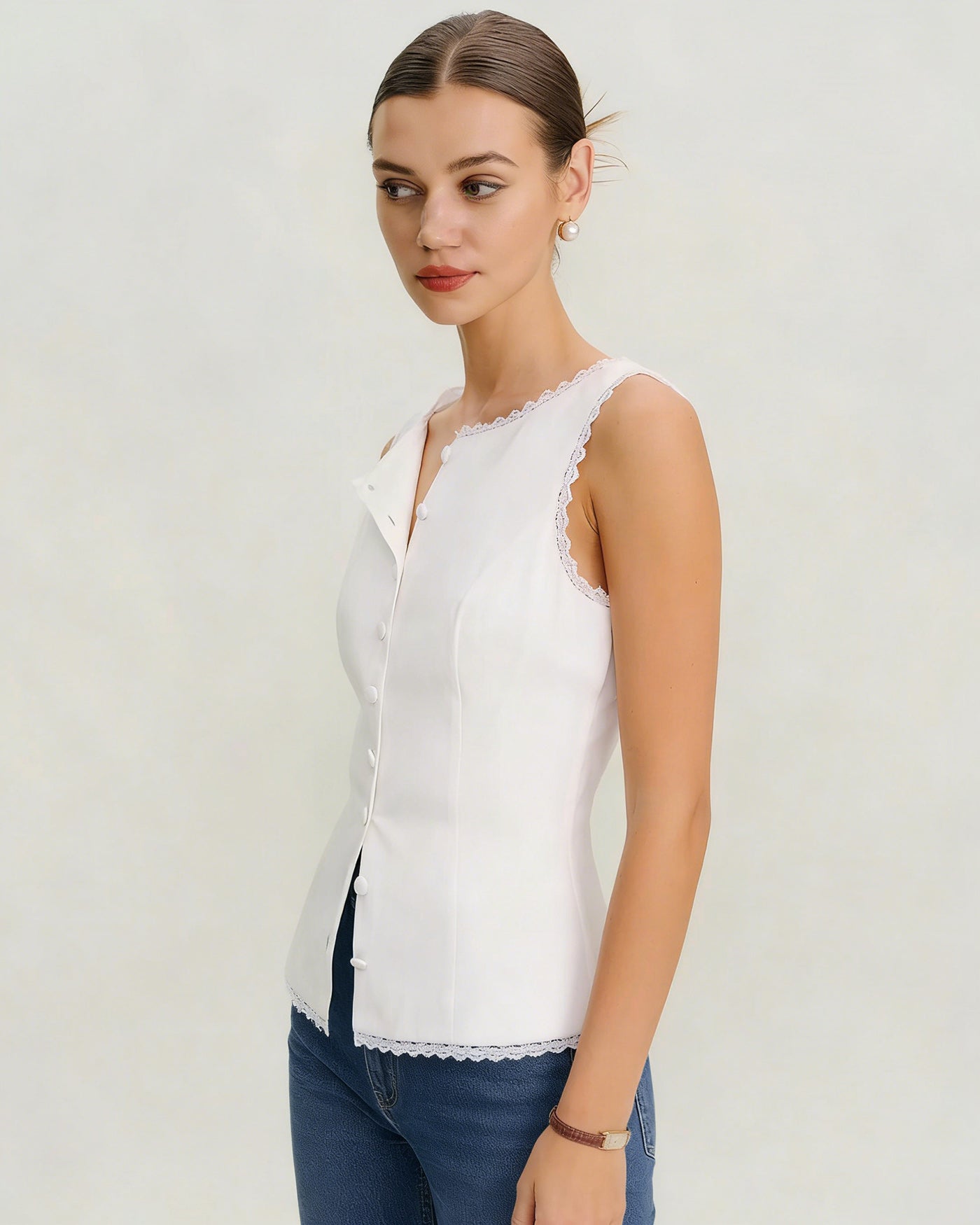 White Boat Neck Lace Vest