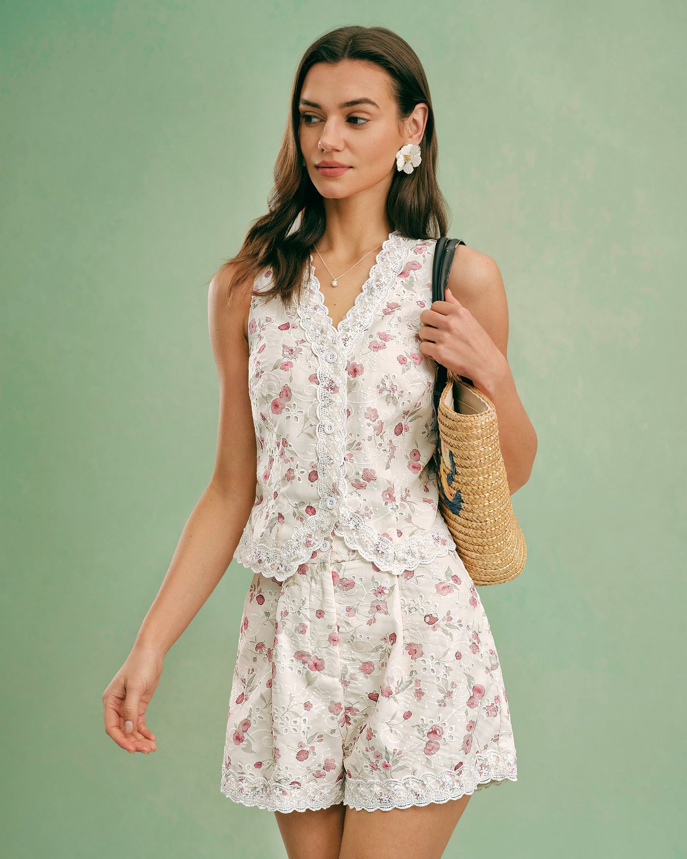 Floral V Neck Single Breasted Vest