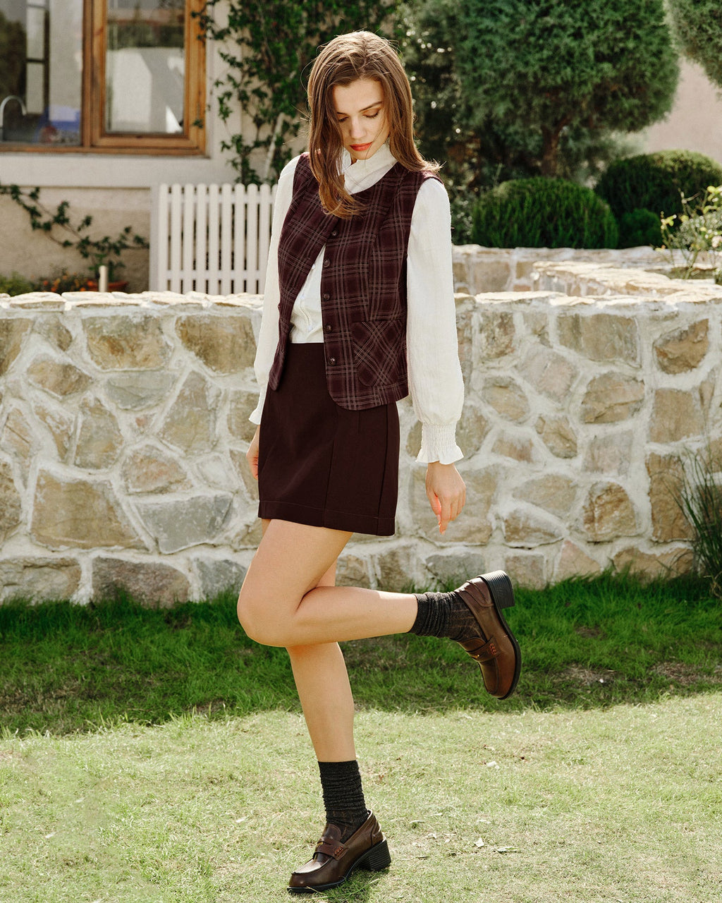 Wine Red Plaid Single Breasted Vest