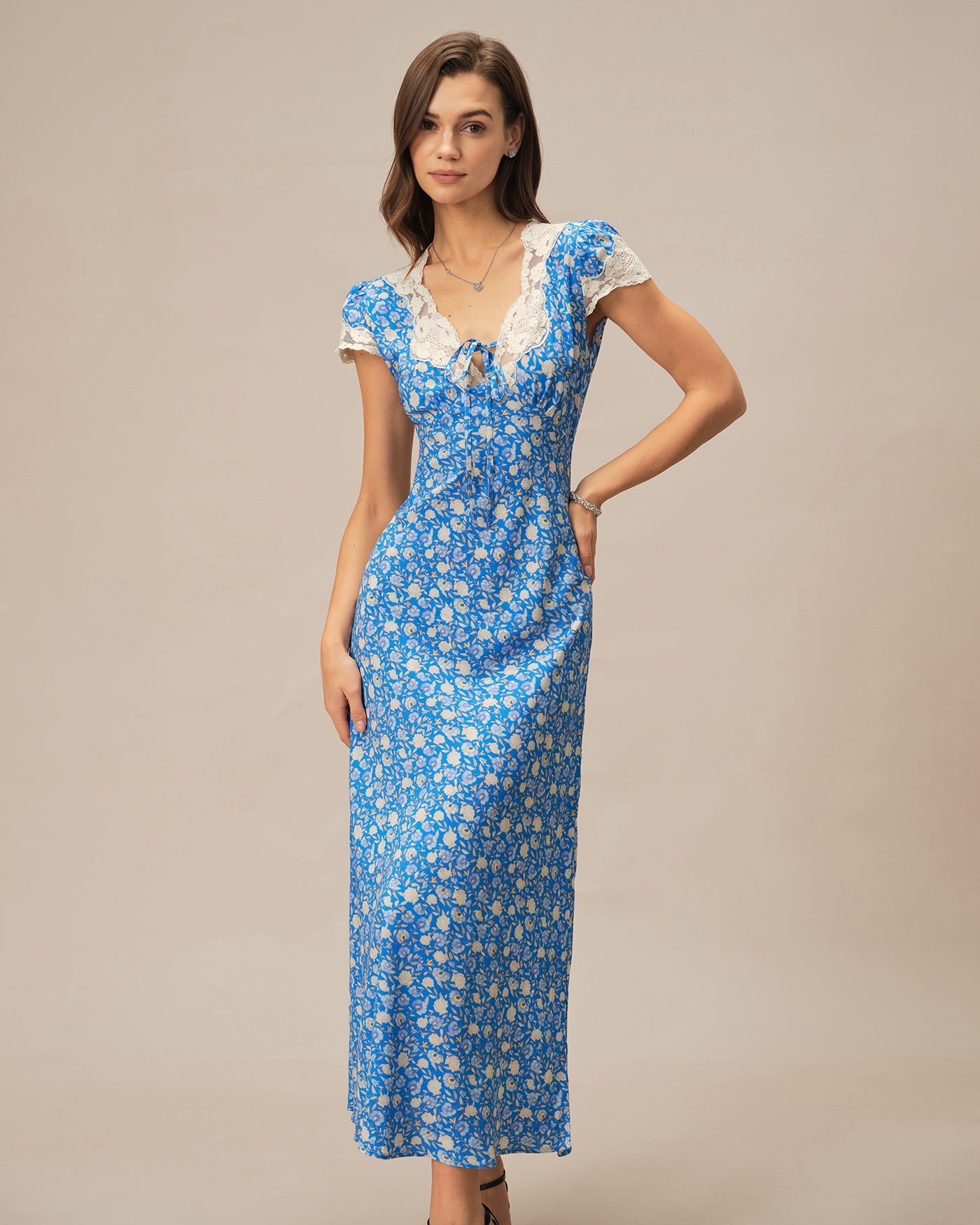 Blue V Neck Floral Maxi Dress